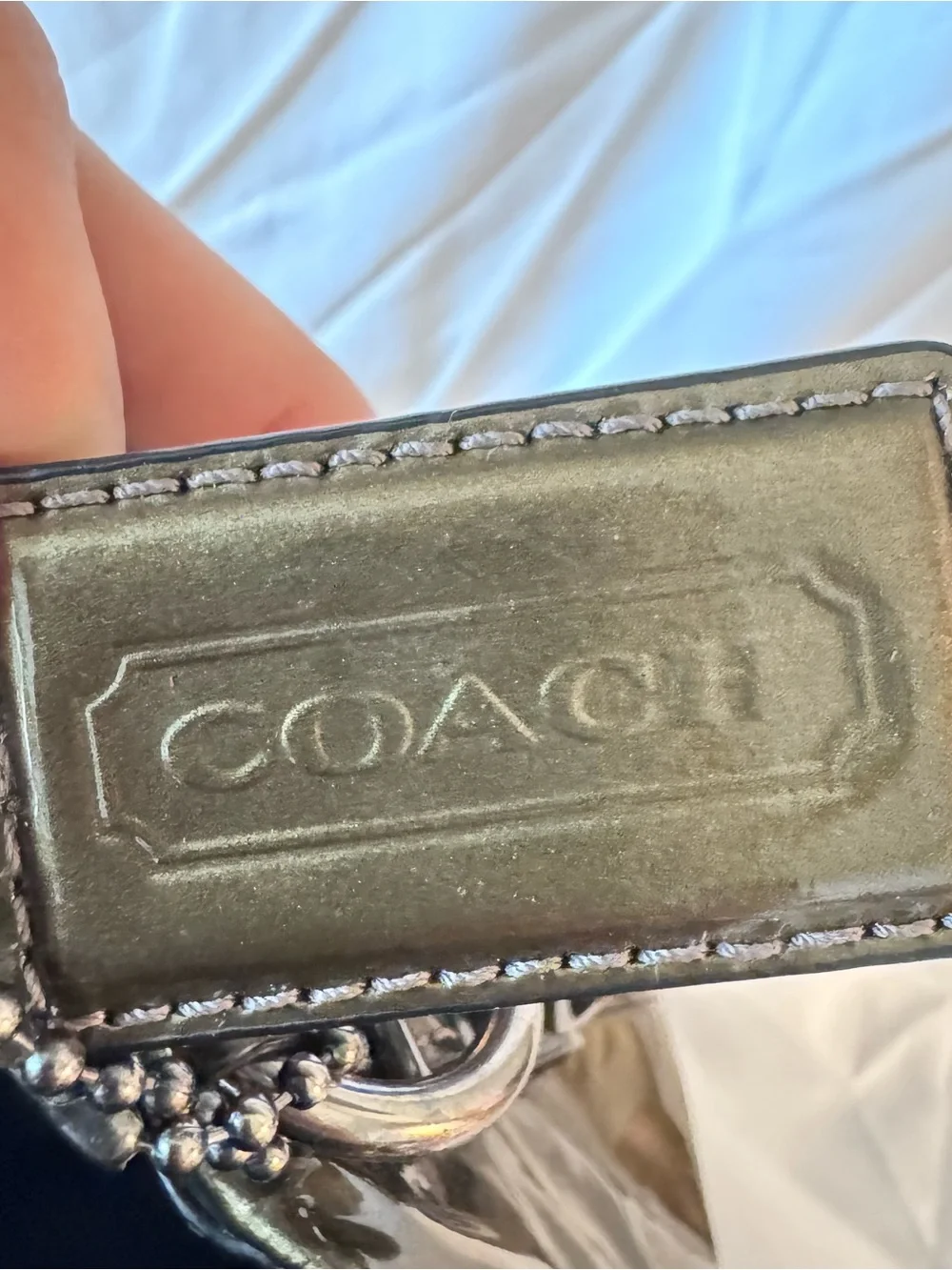 Coach Madison Marielle Drawstring Bucket Bag Gunmetal Olive Patent Leather Purse
